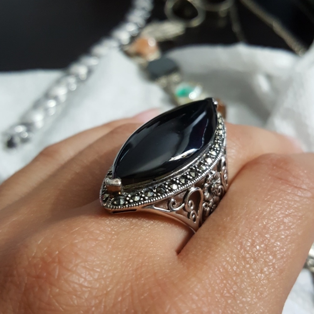 Large Statement Onyx 925 Silver Ring - image 1